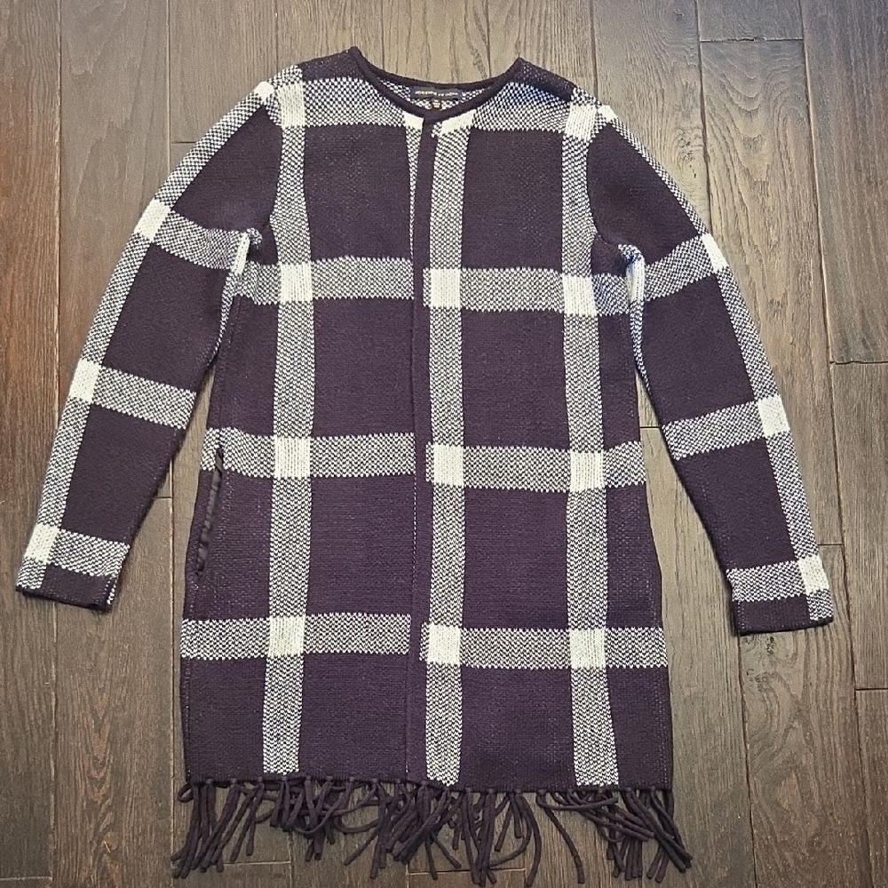 Adrienne Vittadini Black And White Plaid Cardigan with Fringe